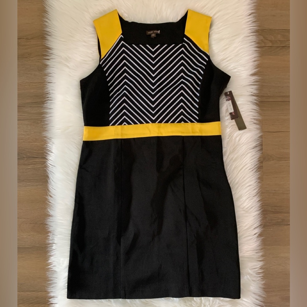 SOLD NWT! VOIR VOIR  DRESS 10P YELLOW AND BLACK SLEEVELESS KNEE LENGTH EASY CARE